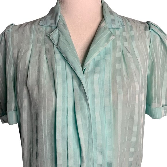 Vintage Button Up Pleated Blouse 6 Blue Striped Slightly Sheer Short Sleeve - Picture 2 of 6
